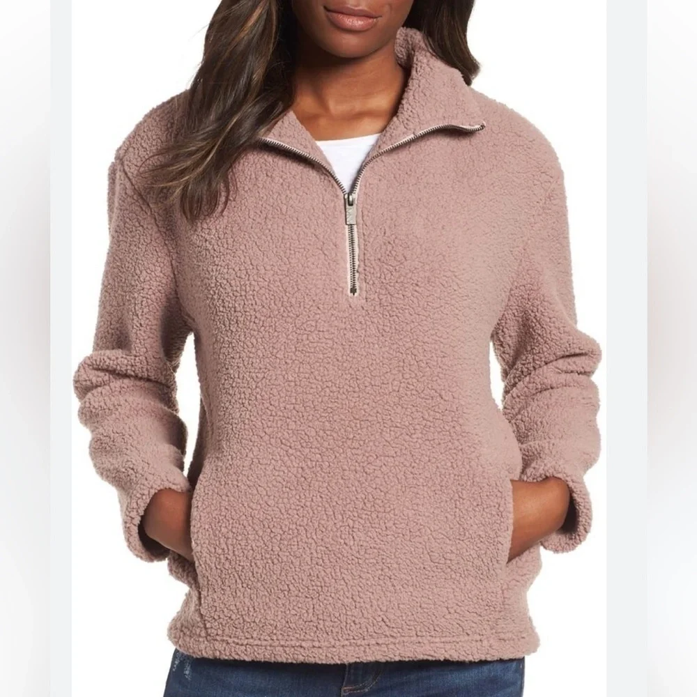 Marc New York Teddy Faux Shearling Fleece Quarter Zip Jacket in Rouge Sz Medium